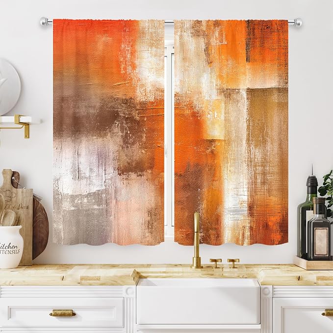MESHELLY Abstract Burnt Orange Kitchen Curtains,Gray Rust Brown Kitchen Curtains,27.5Wx39H Inch Rod Pocket Watercolor Grey Oil Painting Decor Cool Modern Small Short Window Drapes Treatment 2 Panels