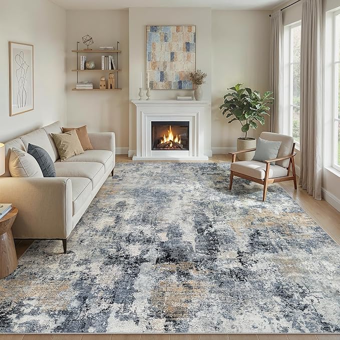WITSHOCK Area Rugs 10x12 Living Room Rug - Washable Neutral Soft Low Pile Non-Slip Modern Abstract Thin Large Indoor Carpet for Bedroom Dining Room Nursery Office - Dark Blue Brown