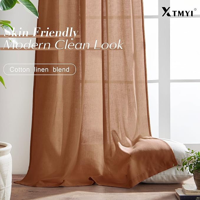 XTMYI Rusty Burnt Orange Curtains 2 Panels,Sheer Linen Medium Dusty Mecca Ocher Tone Rustic Cabin Curtains for Bedroom Living Room,108 Inches Long,Light Brown Red
