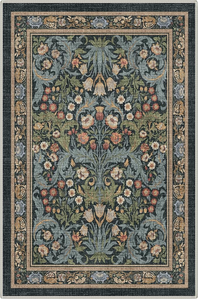 GENIMO 2x3 Washable Kitchen Rug, Non Slip Indoor Door Mat, Center Blue | Vintage Boho Floral Low Pile Entryway Mat for Bathroom, Front Door and Laundry Room