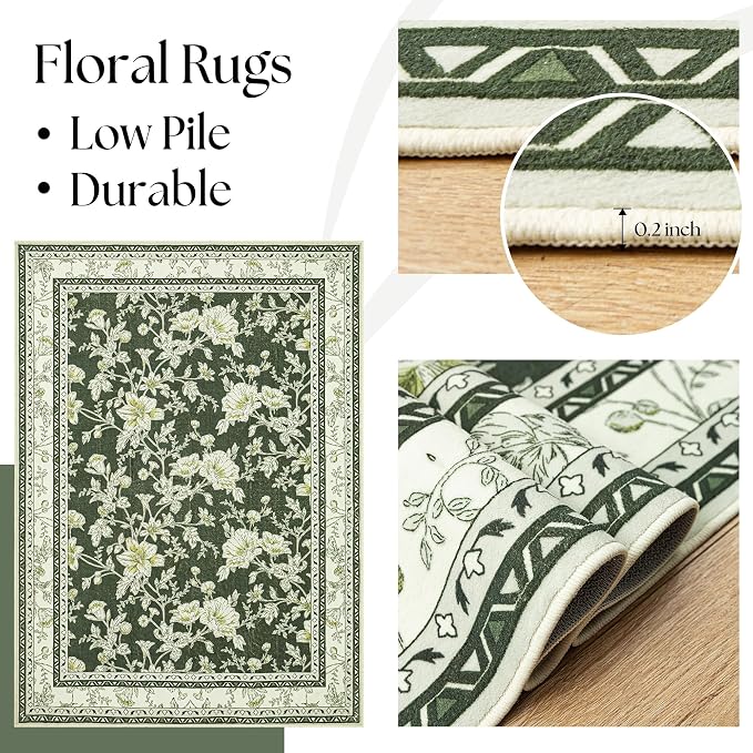 BILEEHOME Floral Area Rug for Bedroom 5x8 Olive Green and Cream Beige Vintage Boho Floral Sketch Style, Washable Low Pile Non Slip Area Rugs for Nursery Living Dining Room, Cozy Aesthetic Home Decor