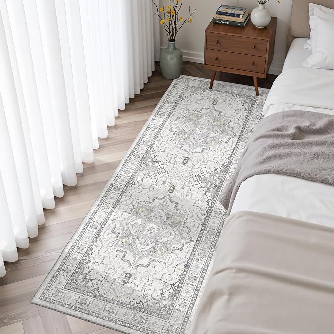 Madane Hallway Runner Rug 2x5 Washable Entry Rugs Non-Slip, Grey | Vintage Printed Low-Pile Kitchen Runners, Soft Low-Pile Stain-Resistant Throw Carpet for Bedroom Entrance Laundry Room 2'x5'