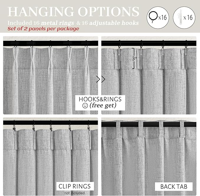Natural Linen 100 Inch Light Grey Patio Curtains for Sliding Glass Doors, Memory Trained Pinch Pleated Light Filtering Semi Sheer Bedroom Neutral Windows Curtain 2 Panels Set Non See Through Drapes
