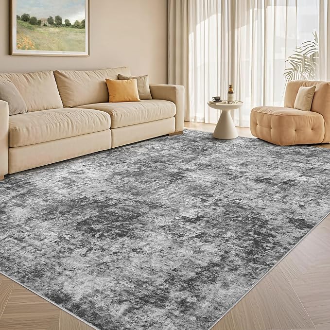 Tortania Washable 10x13 Area Rug for Living Room: Modern Abstract Neutral Large Soft Thin Rugs - Non Slip Indoor Carpet for Bedroom Dining Room Office Nursery Home Floor Decoration - Charcoal Grey