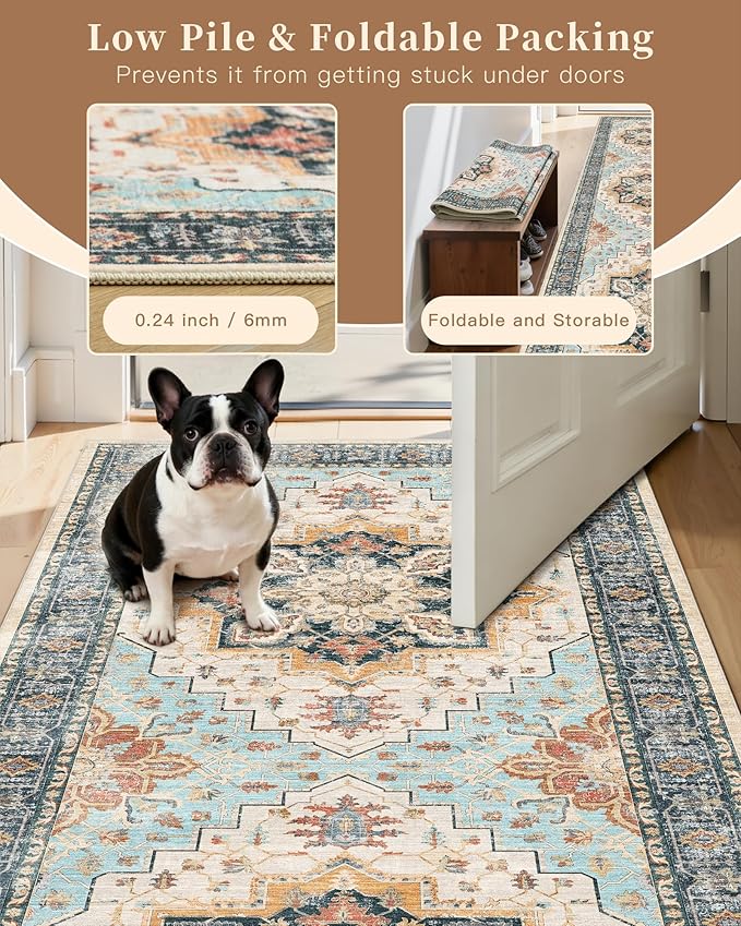 Madane Washable Runner Rugs 2x10 Long for Hallway Kitchen, Orange/Blue | Non-Slip Low-Pile 10ft Rug Runners Soft, Stain-Resistant Floor Carpet Mat for Entrance, Living Dining Laundry Room, Stair