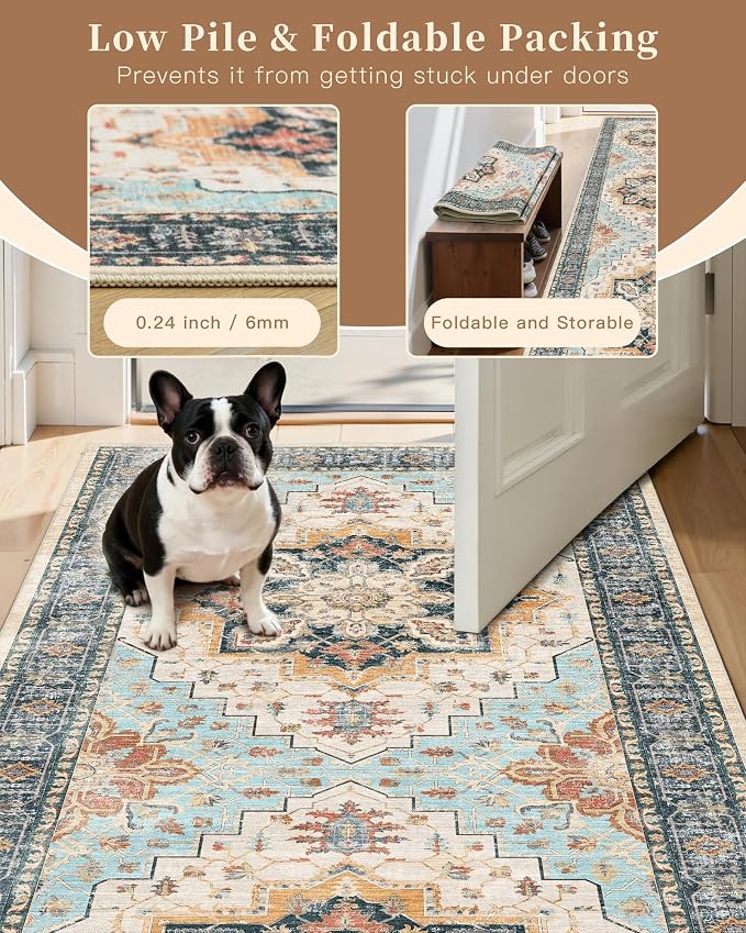 Madane Washable Runner Rug 2x6 Runners for Hallways Non Slip, Orange/Blue | Vintage Stain-Resistant 6 Feet Kitchen Rug, Soft Low-Pile Ultra-Thin Floor Carpet Mat for Bathroom Laundry Room Bedroom 2x6ft