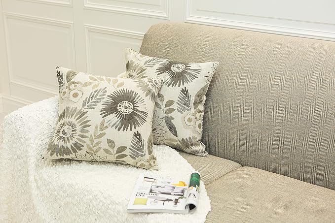 Mika Home Pack of 2 Throw Pillow Covers Decorative Pillow Cases for Sofa Couch Bed,Sunflower Pattern,22x22 Inches,Grey Cream