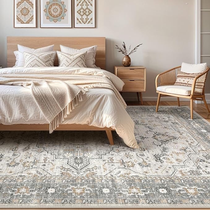 5x8 Area Rugs Living Room: Washable Boho Large Neutral Vintage Soft Rug Stain Resistant Distressed Farmhouse Non-Slip Indoor Floor Carpet for Bedroom Nursery Kids Office Dining Room- Taupe