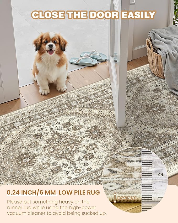 3x10 Runner Rug Non Slip Washable for Entryway, Front Porch, Vintage Hallway Runner for Laundry Room, Bedroom, Stain Resistant Thin Indoor Kitchen Mats for Floor(Brown,3'x10')