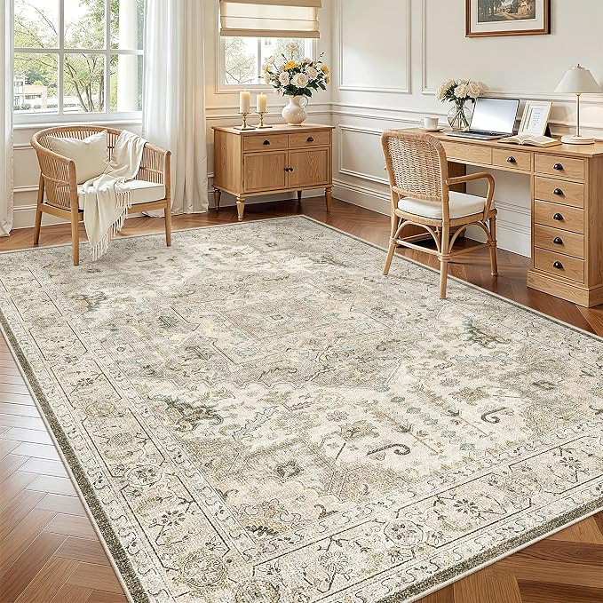 Madane 5x7 Area Rugs for Living Room, Non-Slip Washable Rug, Ivory/Brown | Ultra-Thin Stain Resistant Vintage Large 5'X7' Carpet, Low-Pile Floor Mat For Bedroom Dining Room Office Home Decor