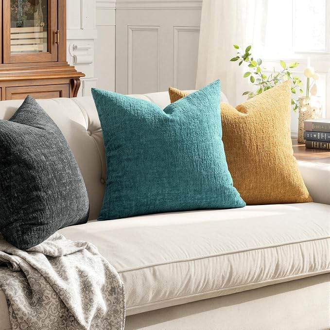 MIULEE Decorative Throw Pillow Covers 24x24 Pack of 2 Teal Blue Spring Couch Pillow Covers Soft Cozy Textured Chenille Pillowcases for Home Decor Sofa Living Room Cushion Bedroom