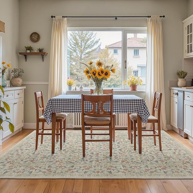 GENIMO 5x7 Washable Area Rugs for Living Room, Non Slip, Beige Blue | Vintage Boho Floral Low Pile Thin Carpet for Bedroom, Dining Room, Nursery, Indoor Decor