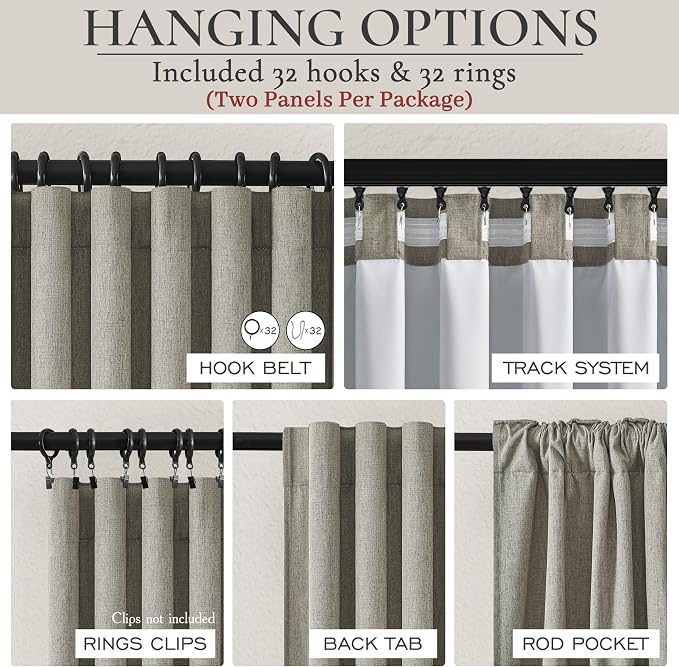 Grey Green Blackout Linen Curtains 96 Inches Long for Living Room/Bedroom, Pleated Window Track Heavy Curtain for winter with Pin Hooks Boho Dark Green Drapes Thermal Insulated (50"Wx96"Lx2Panels)