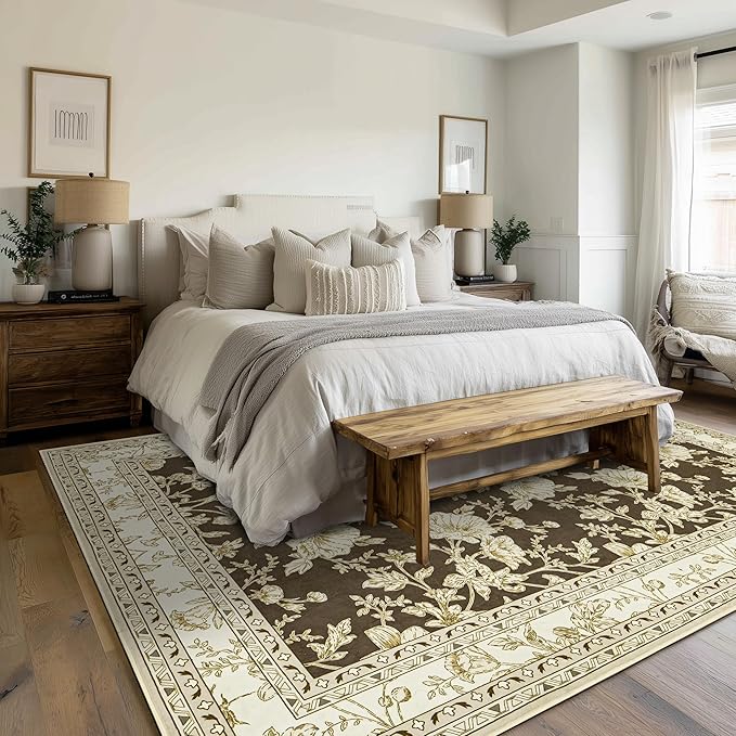 Large Neutral Brown Area Rug 10x12 for Living Room Earth Tone Cream Khaki Pattern Modern Boho for Bedroom Soft Vintage Area Rug Farmhouse Floral Carpet for Dining Room Guest Bedroom Home Decor