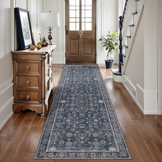 Tangsoo 3x8 Runner Rug for Hallway Kitchen, Non Slip Washable Long Rug Runner Boho Vintage Floral Carpet, Distressed Blue Black Soft Low Pile Indoor Runners for Entryway, Laundry, Kids&Pets Friendly