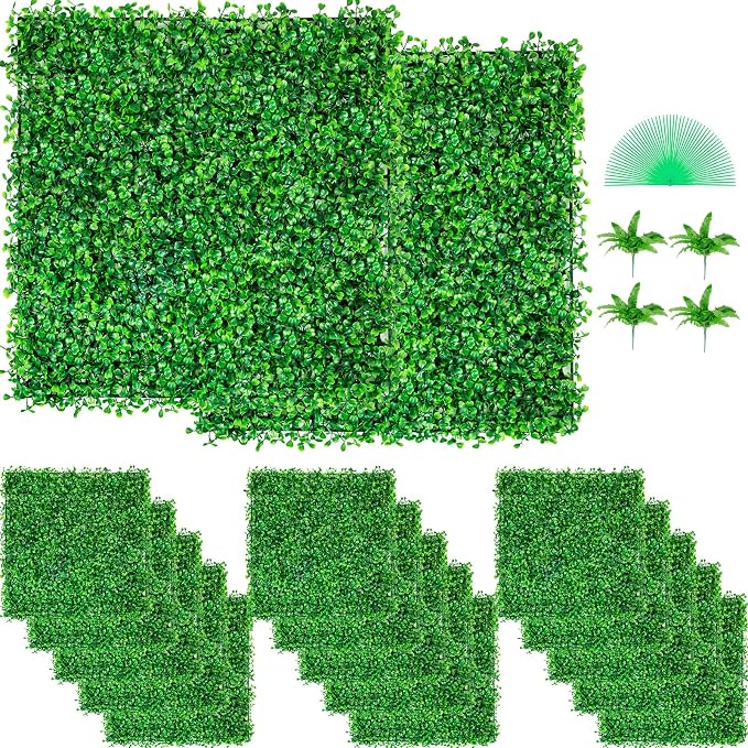 VEVOR Artificial Boxwood Panels 48pcs, 10 x 10 in Boxwood Hedge Wall Panel Artificial Grass Backdrop, 1.6 in Green Fake Grass Wall for Privacy Fence Decor Indoor Outdoor Garden Backyard
