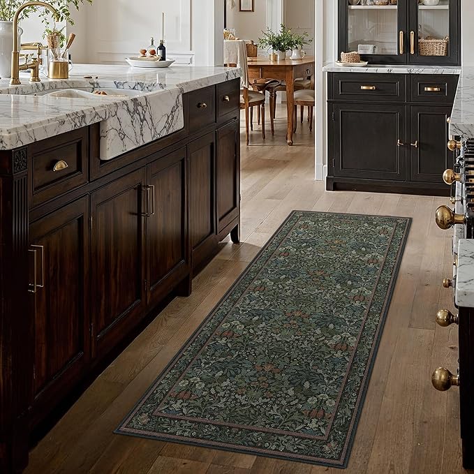 GENIMO 2.5x6 Washable Kitchen Runner Rug, Non Slip Mat, Dark Green | Vintage Boho Floral Low Pile Thin Mat for Entryway, Kitchen, Bedroom, Indoor Decor