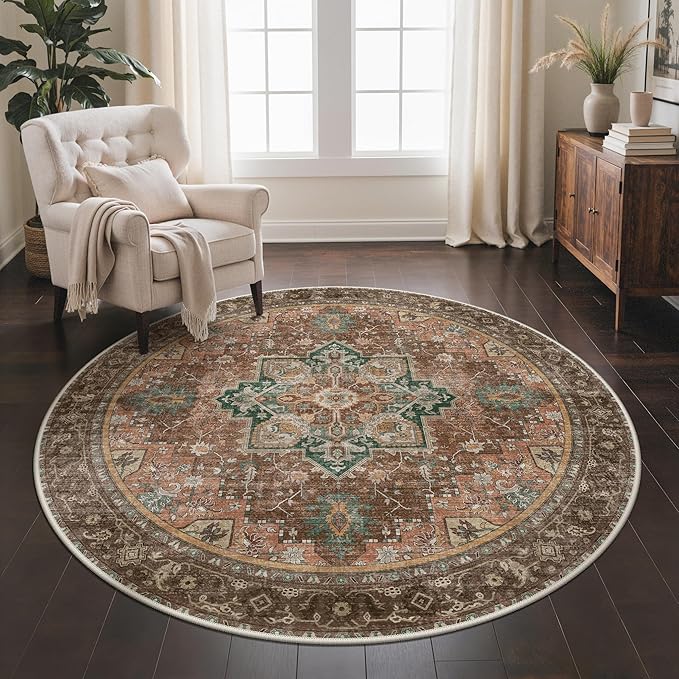 GENIMO 5FT Round Area Rugs for Living Room, Circle Rugs Machine Washable Low Pile, Non Slip Vintage Rug for Bedroom, Dining Room, Home Office, Terracotta Sage