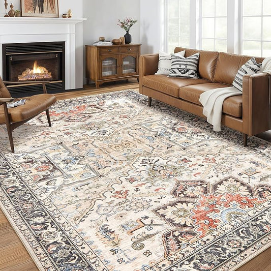 11x14 Area Rugs for Living Room - Large Carpet Ultra Thin Soft Washable Oriental Vintage Floral Distressed Big Indoor Carpets for Bedroom Nursery Dorm Home Decor Aesthetic - Multi Color
