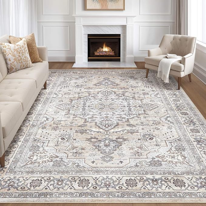 7x10 Area Rug Living Room: Washable Boho Large Neutral Vintage Soft Rugs Stain Resistant Farmhouse Non Slip Indoor Floor Carpet for Bedroom Nursery Kids Playroom Office Dining Room- Ivory Gray