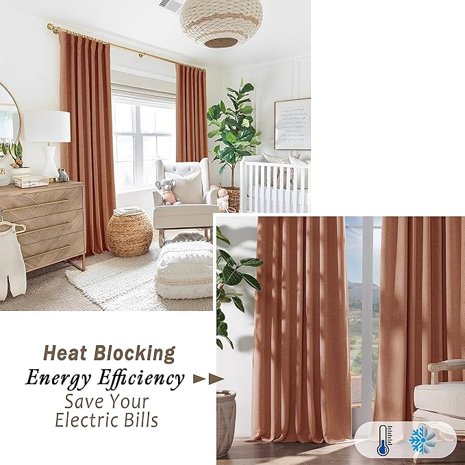Solid Terracotta Color Linen Blackout Curtains 96 Inch Long, Vintage Country & Retro Mid Century Modern Drapes for for Bedroom Living Room, 2 Panel Set