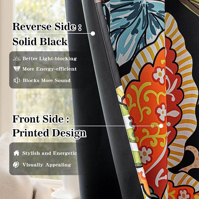 MYSKY HOME Black Boho Floral Blackout Curtains 95 inch 2 Panels Set for Living Room Dining Room Thermal Insulated Room Darkening Energy Saving with Patterned Flower Design Grommet Drapes, 52" Wide