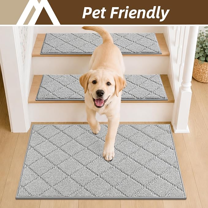 COSY HOMEER Edging Stair Treads Non-Slip Corner Indoor Stair Runners for Wooden Steps,Landing Slip Resistant Stair Rugs for Kids and Dogs, 100% Polyester TPE Backing,Grey,20"X32"