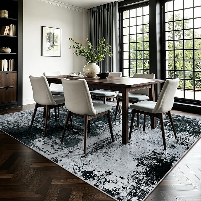 5x7 Rugs for Living Room - Modern Abstract Washable Rug, Ultra Soft Non Slip Low Pile Large Rugs, Floor Carpet for Bedroom Dining Room Office Laundry Nursery Home(Black)