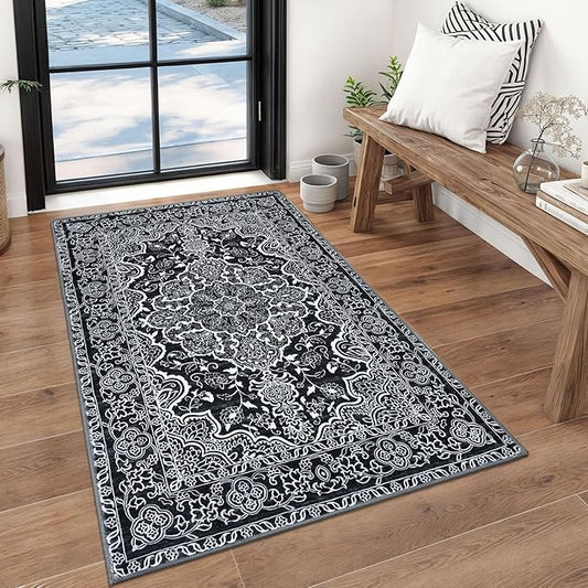 KUTA 3x5 Rugs for Entryway Non-Slip Washable Area Rug, Vintage Floral Kitchen Rugs Black, Ultra Soft Printed Medallion Tribal Entry Low-Pile Carpet for Entrance Bedroom Nursery Dorm Décor