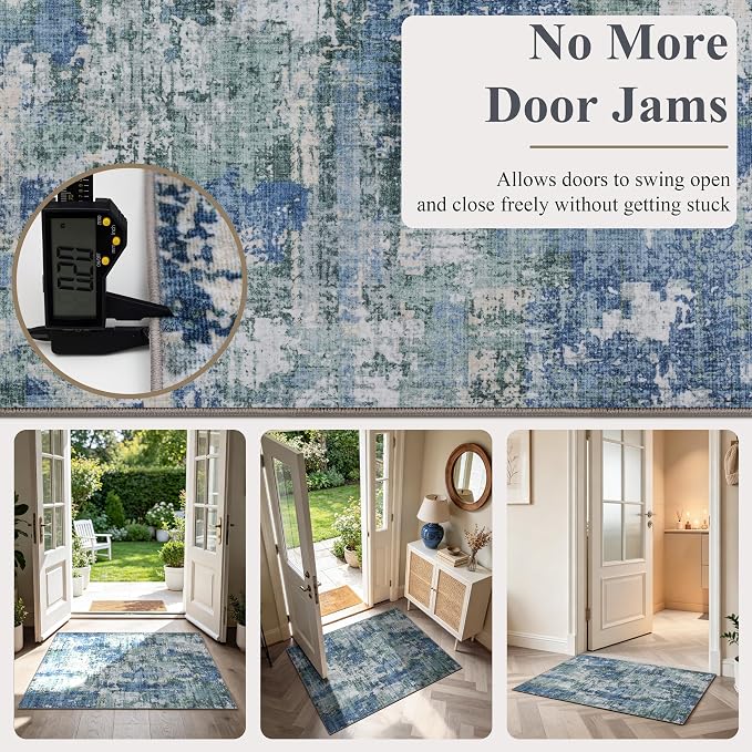 Sasttie 2x6 Soft Runner Rug for Entryway, Modern Abstract Washable Carpet for Hallway, Kitchen and Laundry Room, with Non-Slip Backing, Blue and Green
