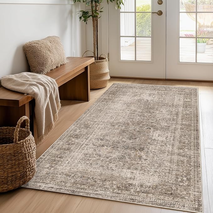 FMFUNCTEX 4x5 Washable Area Rug Neutral Vintage Taupe Non Slip Low Pile Traditional Indoor Carpet for Entryway Living Room Bedroom Soft Retro Floral Mat Throw Rug for Dining Office Kitchen Entryway