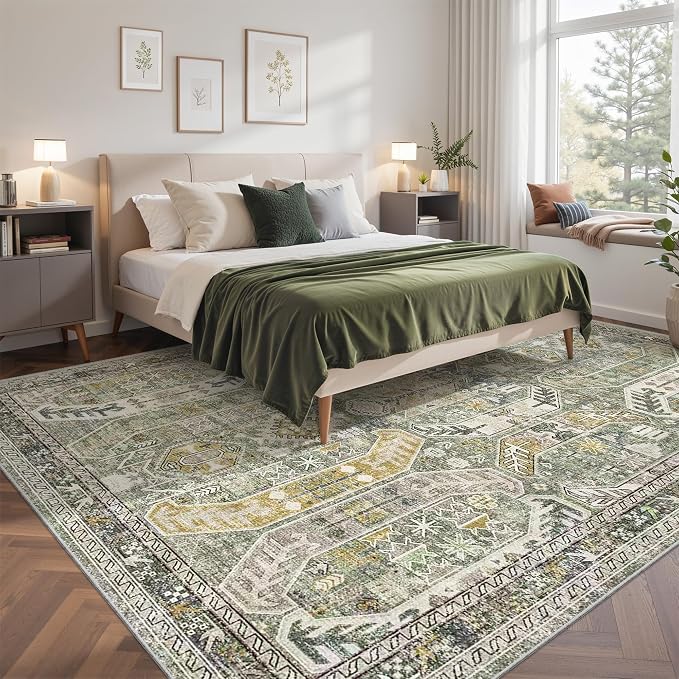 befbee 9x12 Area Rug,Ultra-Thin Washable Rugs for Living Room,Non-Slip Lightweight Foldable Area Rug,Stain Resistant Vintage Large Rugs (Green/Gold, 9'x12')