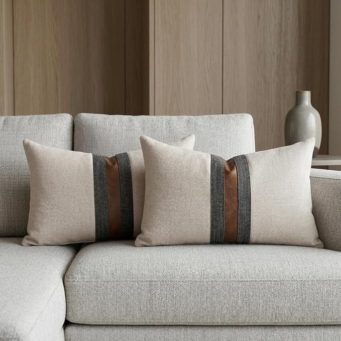Set of 2 Leather Throw Pillow Covers Lumbar Cotton Linen Decor Patchwork Pillow Cover Faux Leather Pillows Cover for Couch Sofa Living Room Bedroom,Beige 12"x20"