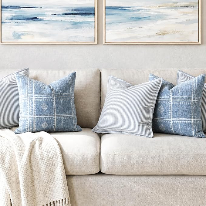 BlissBlush Decorative Throw Pillow Covers 20x20 Set of 2, Coastal Blue Textured Chenille Accent Throw Pillow Covers for Couch Sofa Bed Living Room Home Décor, Blue (Cover Only)