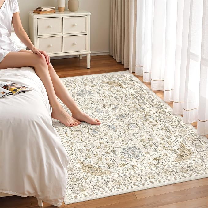 Area Rugs for Living Room - 3x5, Boho Non-Slip Low Pile Carpet Machine Washable Rugs for Bedroom Office, Dining Room (Beige)