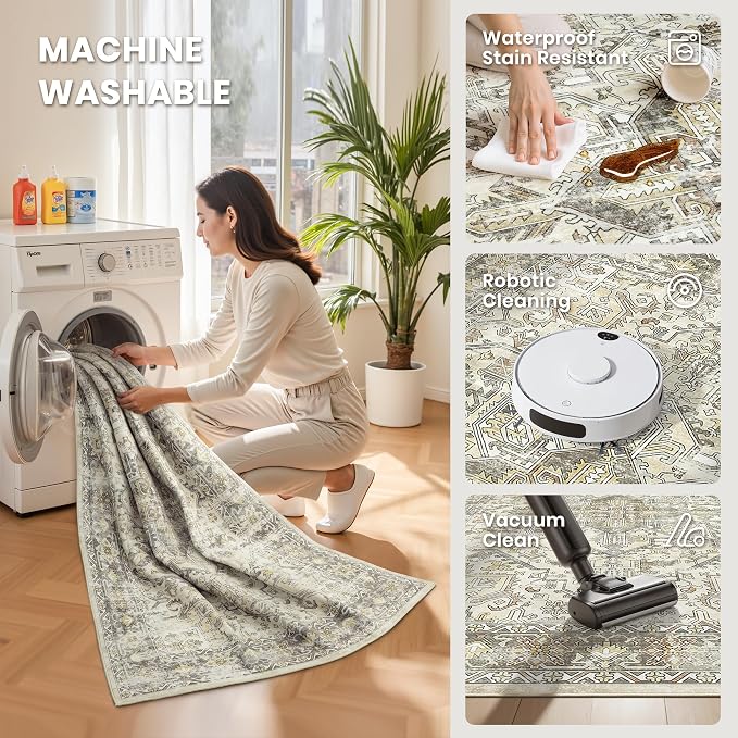 zesthome 8x10 Area Rugs for Living Room,Non-Slip Backing Washable Rugs,Vintage Large Area Rug，Stain Resistant Home Decor Rug (Beige/Brown,8'x10')