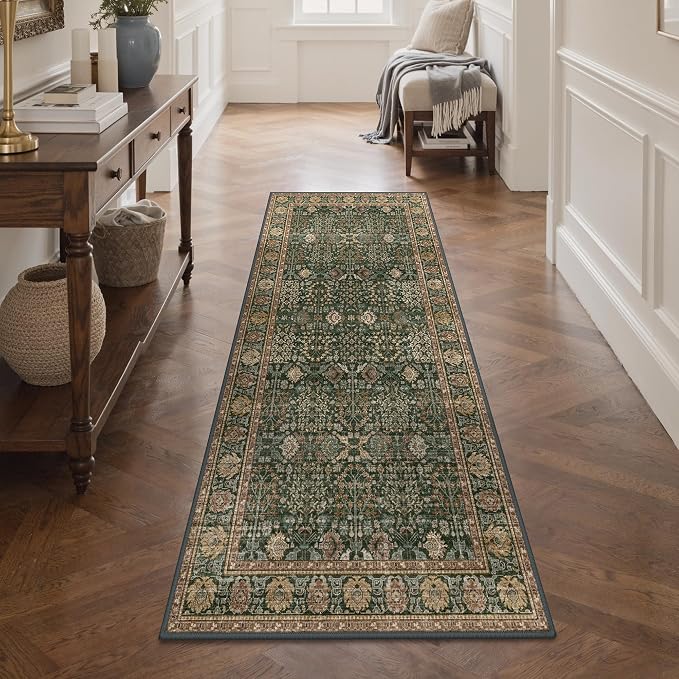 Bavni 2x5 Rug Runners for Hallways, Washable Runner Rug Non Slip,Vintage Floral Print Style Rugs for Bedroom-Lightweight Low Pile Carpet for Hallways Bathroom, Green/Multi