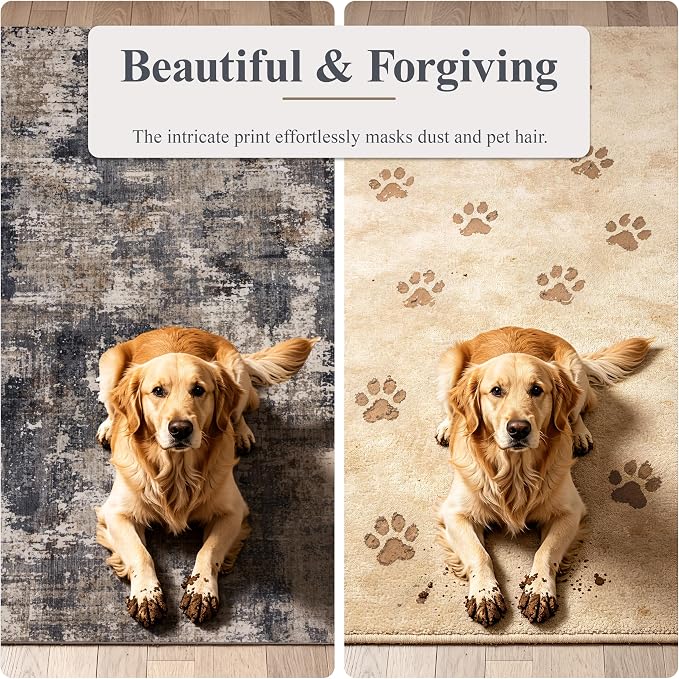 Sasttie 2x3 Area Rug for Entryway, Washable Modern Abstract Small Carpet for Living Room Bedroom Door-mat, Soft Entry Rug with Non-Slip Backing, Black and Beige