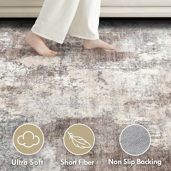 Tortania Washable 8x11 Area Rug for Living Room: Modern Abstract Neutral Large Soft Thin Rugs - Non Slip Indoor Carpet for Bedroom Dining Room Office Nursery Home Floor Decoration - Gray Brown