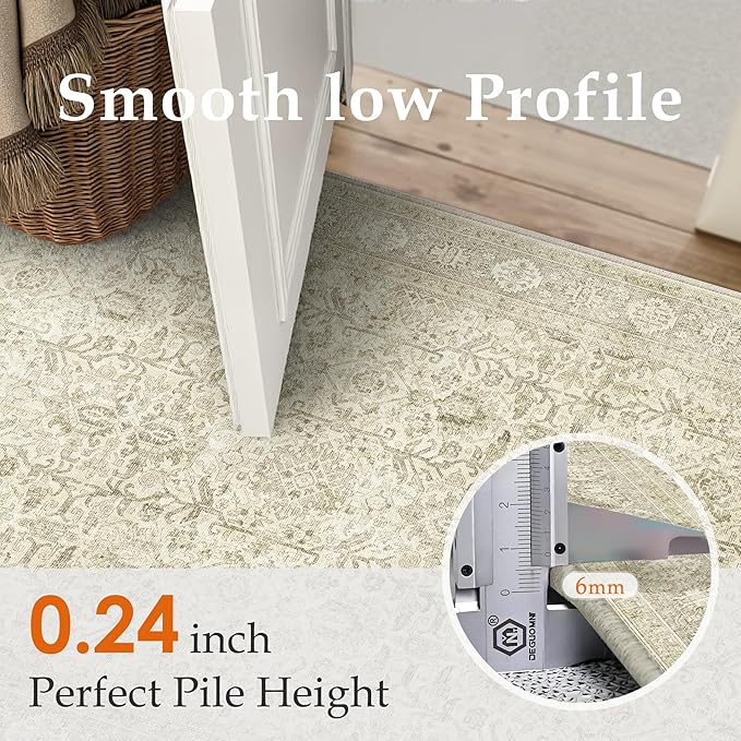 PureCozy Vintage Area Rug 9x12 Beige Washable Living Room Large Carpet Non Slip Bedroom Indoor Office Low Pile Traditional Distressed Retro Accent Rug for Dining Room
