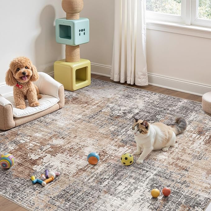 DMOYEST Square Area Rug Living Room Rugs - 8x8 Washable Large Soft Indoor Neutral Modern Abstract Low Pile Rug Carpet for Bedroom Dining Room Farmhouse Home Office - Grey Brown