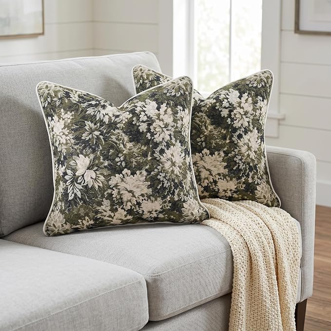 Vintage Floral Throw Pillow Covers 20x20 Inches Set of 2 Boho Farmhouse Pillow Cases Premium Chenille Textured Decorative Cushion Covers for Couch Retro Garden Farmhouse Style Olive