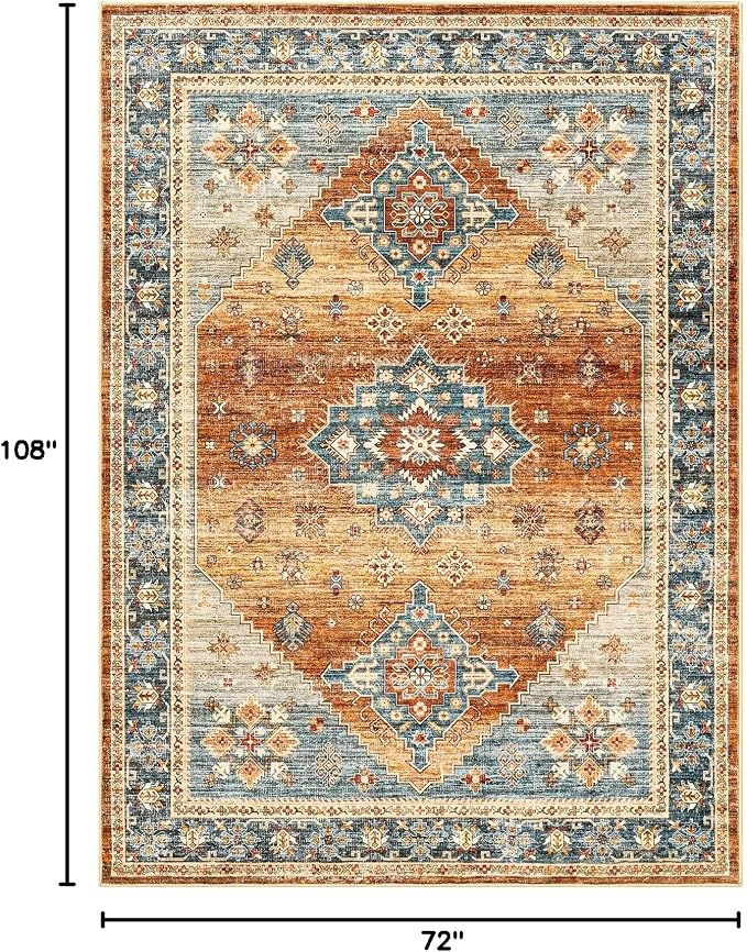 Roxstand 6x9 Area Rug for Living Room, Washable Vintage Thin Rugs with Non-Slip Backing Indoor Floor Carpet, Stain Resistant Area Rugs for Bedroom Dining Room (Navy/Orange, 6'x9')