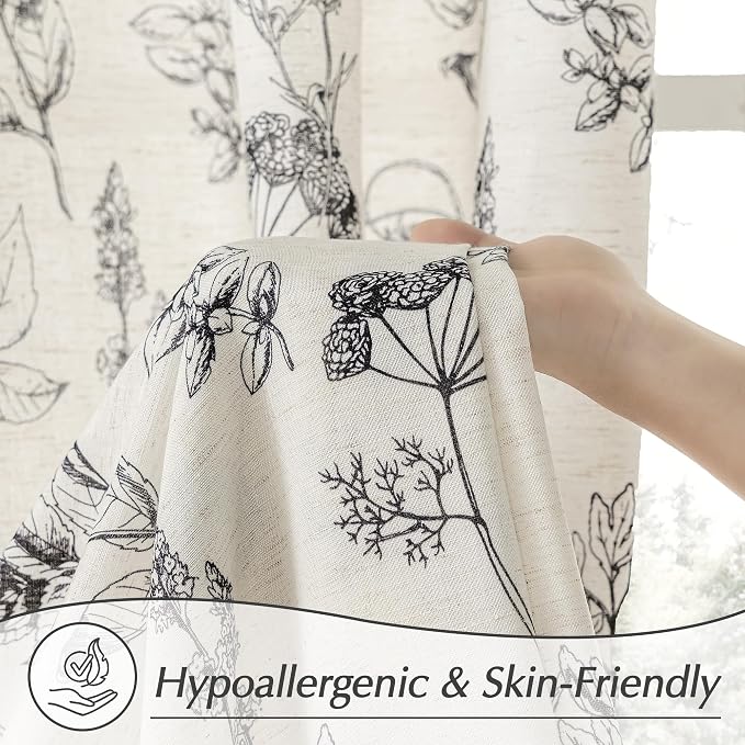FMFUNCTEX Linen Curtains Floral Patterned Curtain for Bedroom Living Room, Black Curtains 96 Inches Long Farmhouse, Light Filtering Beige Window Curtain Grommet Top 2 Panels Set