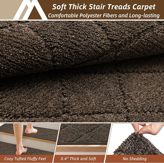 COSY HOMEER Stair Treads for Wooden Steps 11"x30" Washable Indoor Carpet Stair Treads Non Slip Soft Polyester Stair Carpet Tread Reusable Stair Runner Rugs for Kids, Elders,Pets,Brown,4pcs