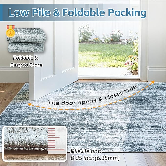 10x12 Area Rugs Washable Rug: Anti-Skid Abstract Modern Living Room Rug Soft Thin Carpets Indoor Floor Non-Shedding Carpet for Bedroom Dining Nursery Home Office (Light Slate Blue/White,10'x12')