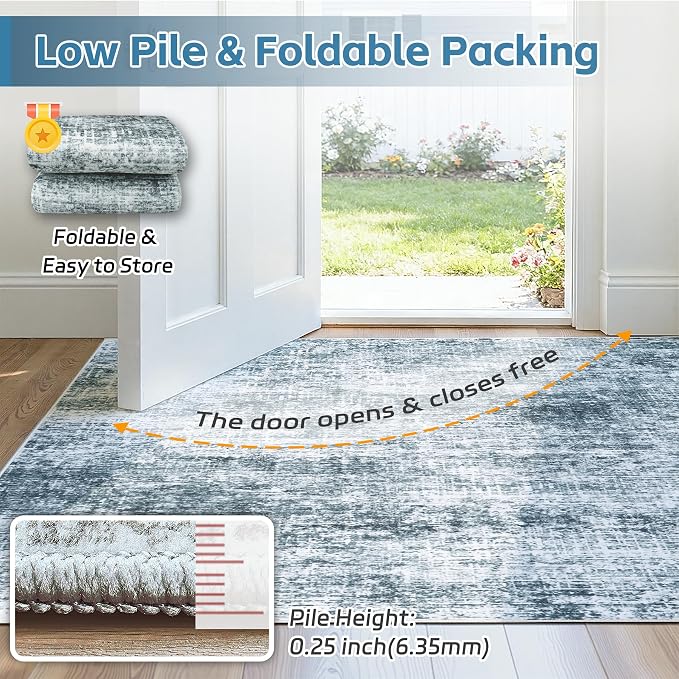 6x9 Area Rugs Washable Rug:Anti-Skid Abstract Modern Living Room Rug Soft Thin Carpets Indoor Floor Non-Shedding Carpet for Bedroom Dining Farmhouse Nursery Home Office(Light Slate Blue/White, 6x9)