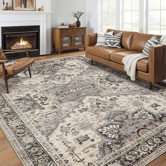 Area Rug for Living Room - 10x12 Soft Washable Oriental Vintage Floral Distressed Large Carpet - Fade Stain Resistant Non Slip Rugs for Bedroom Dining Room Nursery Dorm Office Home Decor - Brown