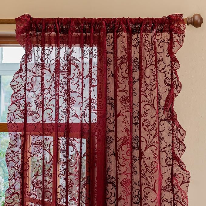 TUDECO Dark Red Curtains for Living Room 2 Panels - Rustic Country Sheer Floral Lace Red Curtains 108 Inches Long, Pretty Ruffle Edges Burgundy Decor Light Filtering Room Window Drapes, 59 x 108 Inch