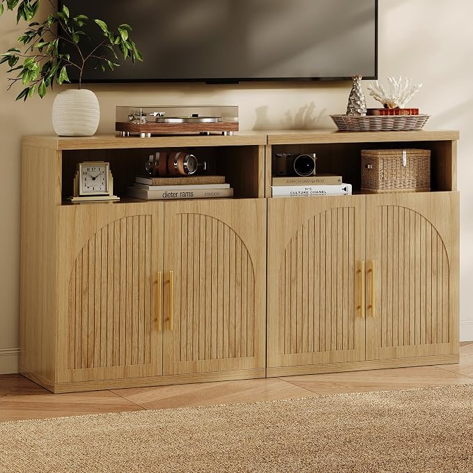 Fluted Buffet Cabinet with Storage, 31.5" Wide Wood Sideboard Credenza with Open Storage Shelf & Adjustable Shelves, Modern Kitchen Entryway Accent Table for Dining Room Living Room Hallway, Oak